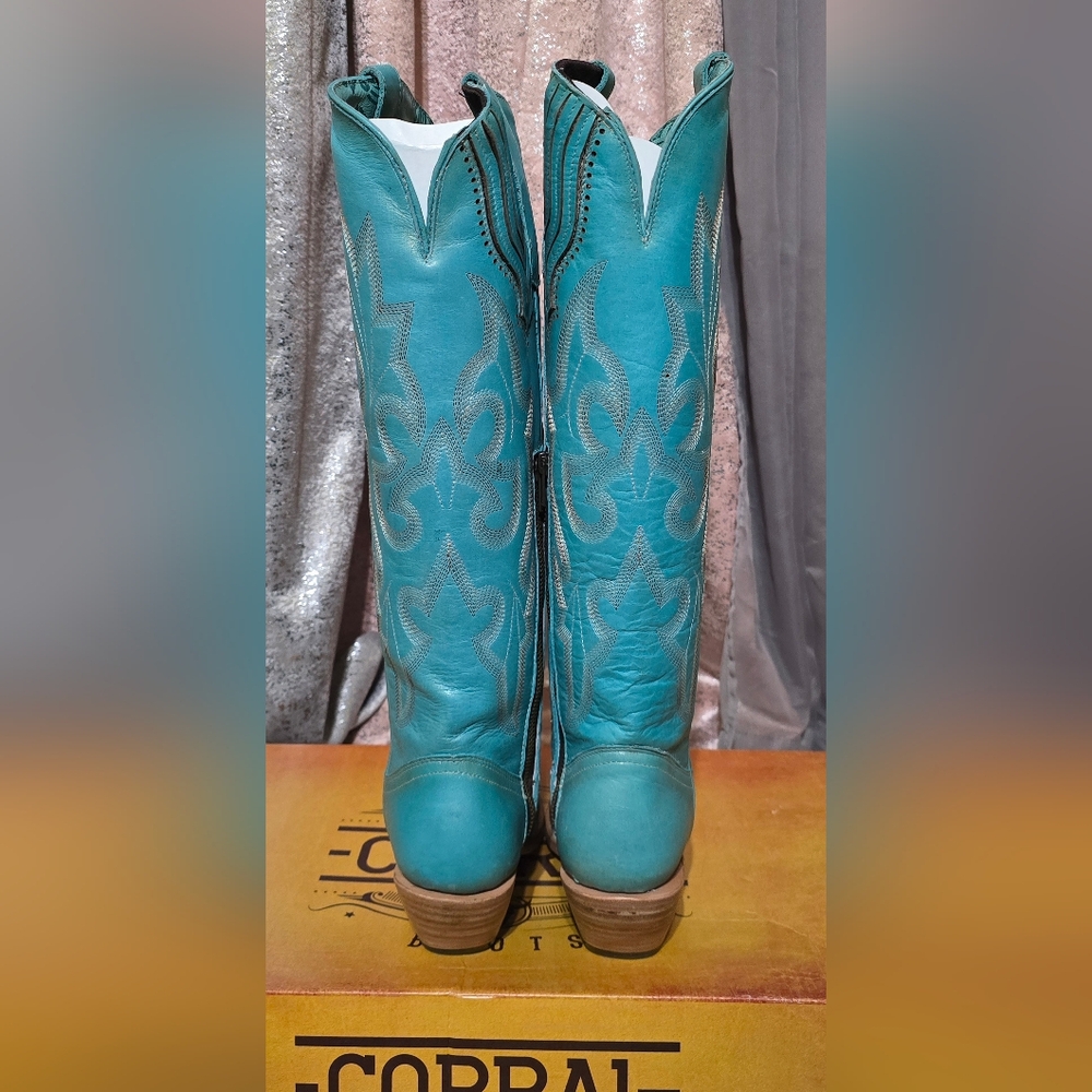 Corral Turquoise Leather Embroidered Boots 8.5 - Picture 3 of 12